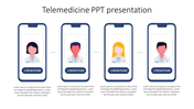 Four smartphone screens arranged horizontally, each displaying an illustrated medical professionals, with text below.