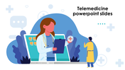 Illustration of a doctor holding a clipboard on a laptop screen with a patient in front, representing telemedicine.