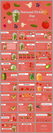 Slide deck featuring pickle jars images, vegetables and sections on history, benefits, and fun facts in red theme.