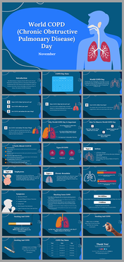 Blue themed slide deck with medical illustrations and statistics on chronic obstructive pulmonary disease.