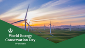 Slide deck for featuring green and white slides with images of wind turbines, solar panels, and energy conservation tips.