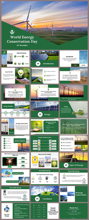 Slide deck for featuring green and white slides with images of wind turbines, solar panels, and energy conservation tips.