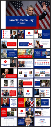 Barack Obama day slide deck, featuring blue and red backgrounds, covering his education, family, and presidential highlights.