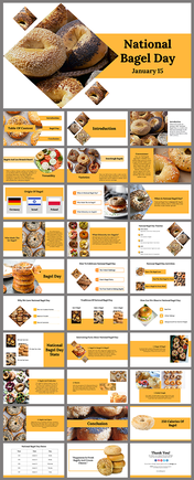 Slide deck with bagel images in diamond and rectangular layouts, using yellow theme with text on varieties and traditions.