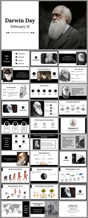 Darwin day slides featuring the date with sections on biography, awards, theory of evolution, and related activities.