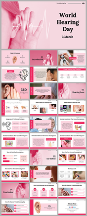 Pink themed slide deck with diagrams of ear anatomy, discussing hearing loss, its causes, and prevention methods.