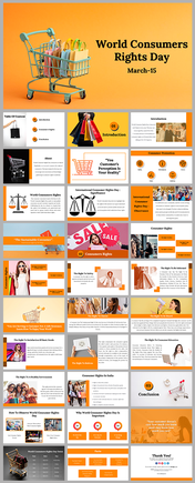 Slide deck with orange and white themes, featuring shopping visuals and sections on consumer rights.