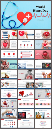 Slide deck featuring heart images and covering health, risks, worldwide facts, and prevention tips, with red accents.