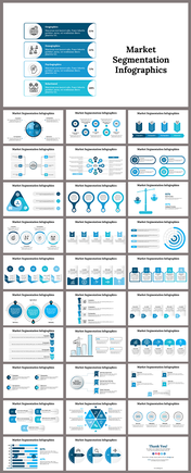 Infographic displaying four market segmentation slide deck categories arranged in blue gradient boxes with percentages.