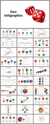 A pack of slides showcasing various layout designs of dice, each labeled with distinct colors and accompanying data points.