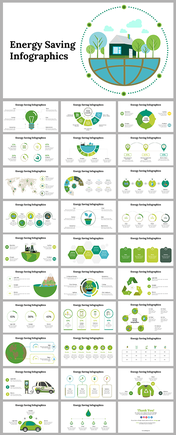 Green themed slide deck featuring various infographics on energy saving strategies, including charts and eco friendly tips.