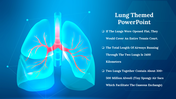 Illustration of human lungs with branching airways on blue background, beside bullet points of text.