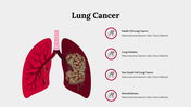 Illustration of lungs showing cancer types in red and white with four captions, set against a grey background.