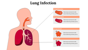 Illustration of human respiratory system focusing on lung infections, with text boxes for normal and infected conditions.