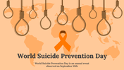 World suicide prevention day on September 10th image with a orange ribbon against a map with hanging nooses.