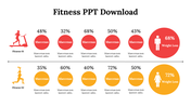 Fitness slide showing two exercise icons with weight loss percentages in red and orange circles above and below a divider.