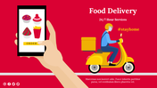 Hand holding smartphone with food app, and a delivery person with yellow scooter, set against red background,