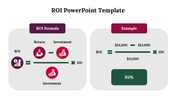 ROI calculation template with a visual representation of the formula and an example showing percentage with icons.