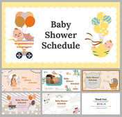 A pack of baby shower schedule slides with cute baby illustrations and colorful balloons, featuring various layout designs.