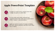 Slide with a wooden texture background and a bowl of red apples, describing the fruit’s importance and uses with three icons.