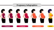 Pregnancy infographics show a woman’s silhouette transitioning through the first, second, and third trimesters to birth.