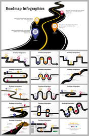 Collection of roadmap infographic templates with various curved paths, milestones, and location markers.