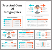 Pros and cons infographic slides featuring arrows, comparison tables, and colorful icons for decision making presentations.