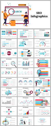 Collection of SEO infographic templates showcasing various search engine optimization concepts and strategies.