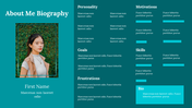 About Me slide with teal theme, featuring a photo of a woman, and text sections for personal and professional details.