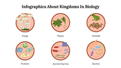 Infographics showing six biological kingdoms with images of fungi, plants, animals, protists, ancient bacteria, and bacteria.