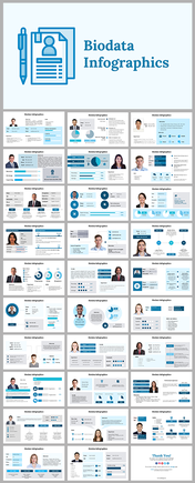 Blue and white slide deck with biodata infographics featuring professional headshots, pie charts, and bar graphs.