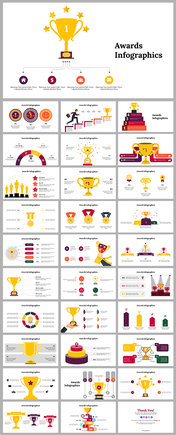 Infographic slides on awards, showcasing various designs and statistics related to recognition and achievements.