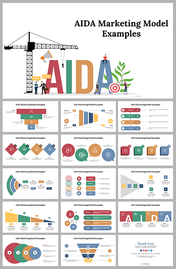 AIDA Marketing model slides with colorful diagrams and icons illustrating the stages of the customer journey.