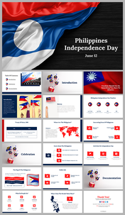 Slide deck with the flag and sections on history and celebration activities about Philippines highlighted in red and blue.