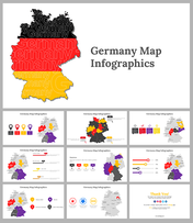 Slide deck featuring Germany map infographics with colorful regional highlights and various data visualization elements.