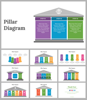 Set of slides showing pillar diagrams with different designs, icons and color-coded steps.