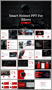 Dark-themed image of a biker with a helmet and Smart h elmet for bikers text with a red start button.