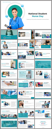 Collection of slides featuring nurse visuals, with topics on education, roles, and nursing impact in teal and white theme.