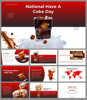 Slide pack with a red background showcasing Coca Cola images, with text and graphics related to marketing and history.