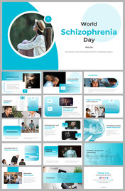 World Schizophrenia day slides featuring topics on early detection, treatment options, and mental health on a blue theme.