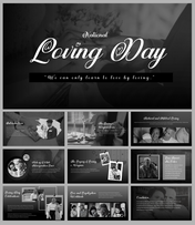 Monochrome slide deck about National Loving day featuring images of family, history, legal aspects, and celebration details.