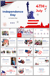 Independence day slide deck showcasing American traditions with patriotic visuals, fireworks, flags, and historical moments.