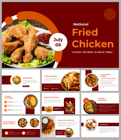 Slide deck showing the origins, recipes, and events related to fried chicken with maroon and orange accents.