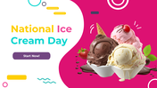 National ice cream day slide deck with vibrant colors, featuring images and content on  flavors, culture, and history.