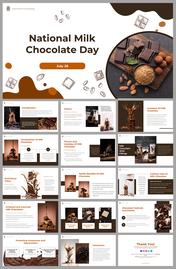 National milk chocolate day slide deck with chocolate pieces and other ingredients featuring sections and placeholders.