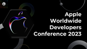 A pack of apple worldwide developers conference 2023 slides featuring a vibrant Apple logo and key event information.