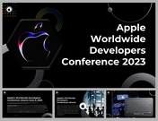 A pack of apple worldwide developers conference 2023 slides featuring a vibrant Apple logo and key event information.