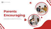 Pack of slides with a white and red color scheme, featuring circular images of parents engaging with their children.