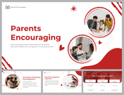 Pack of slides with a white and red color scheme, featuring circular images of parents engaging with their children.