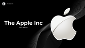 Monochrome presentation slides covering Apple's history, evolution, innovations, and more, featuring its iconic logo.